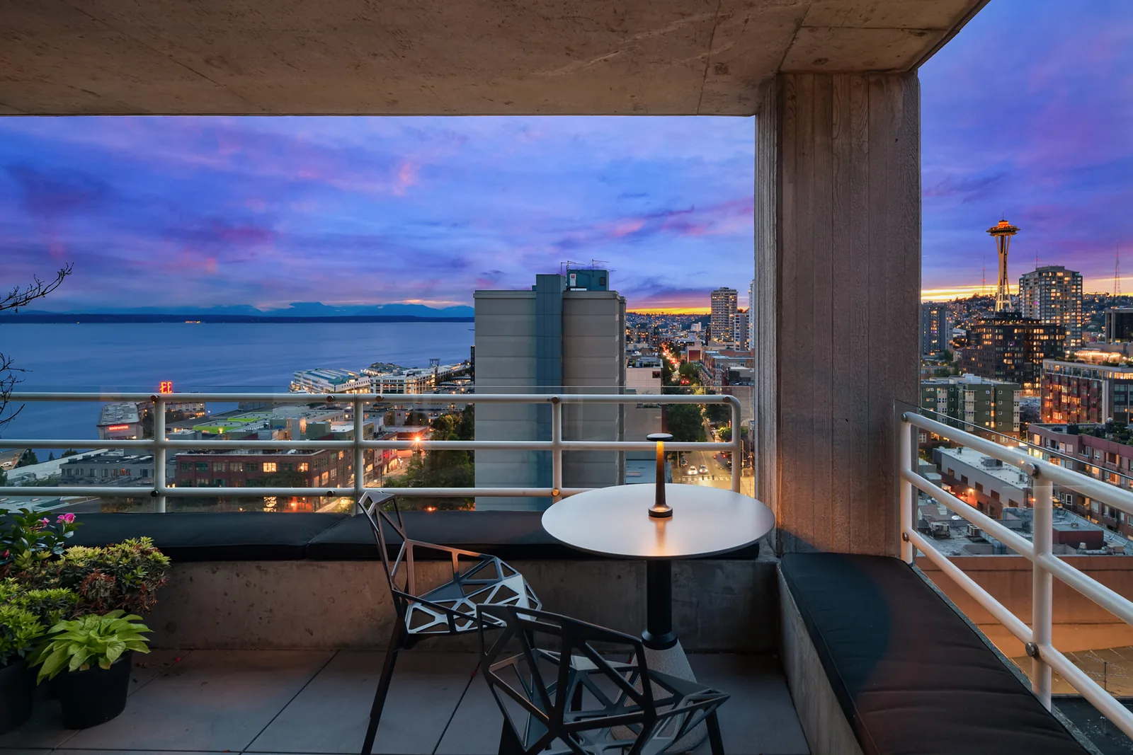 Corner terrace at twilight